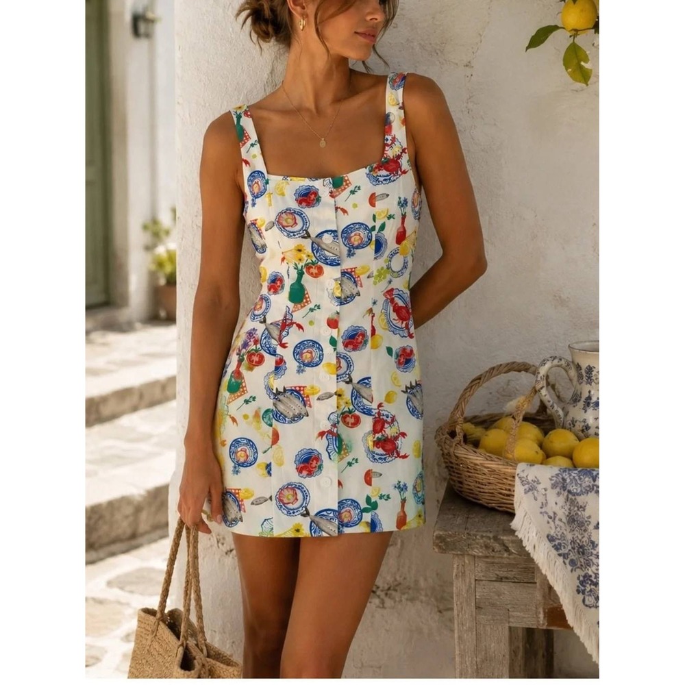 Corey Lynn Calter Seafood Citrus Print Mini Dress White Blue Small